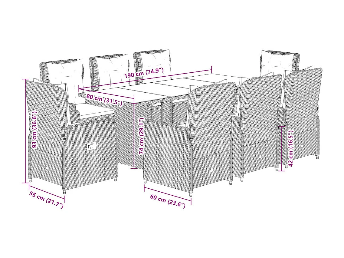 Set de comedor de jardín 9 pzas y cojines ratán sintético negro