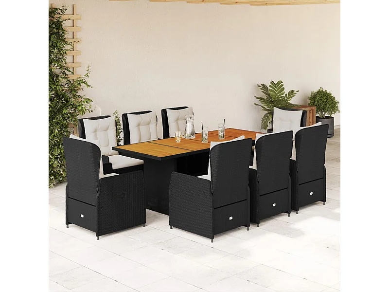 Set da Pranzo da Giardino 9 pz con Cuscini Nero in Polyrattan