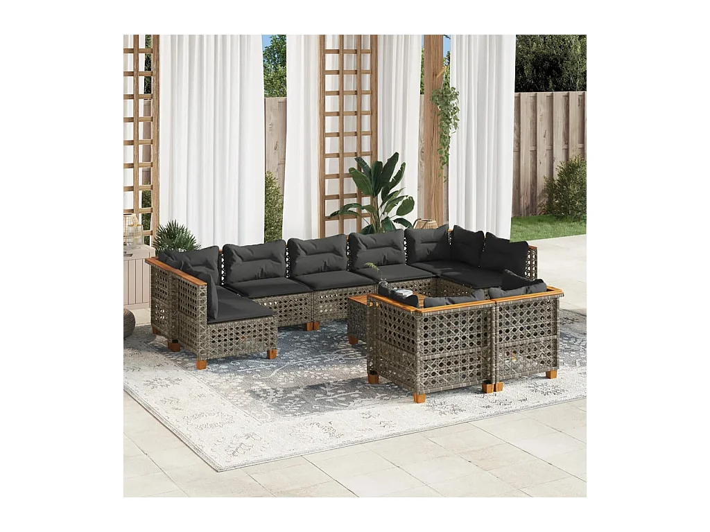 Salon de jardin avec coussins 10 pcs gris résine tressée