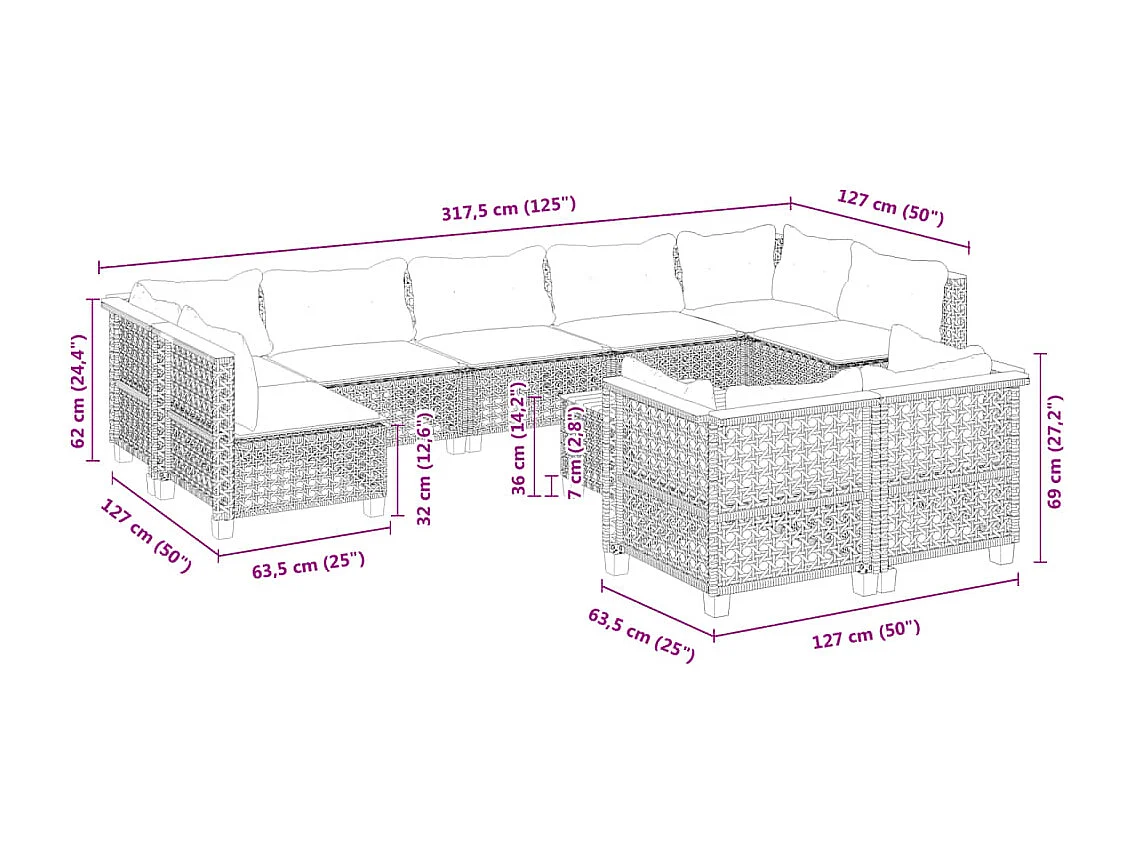 Salon de jardin avec coussins 10 pcs gris résine tressée