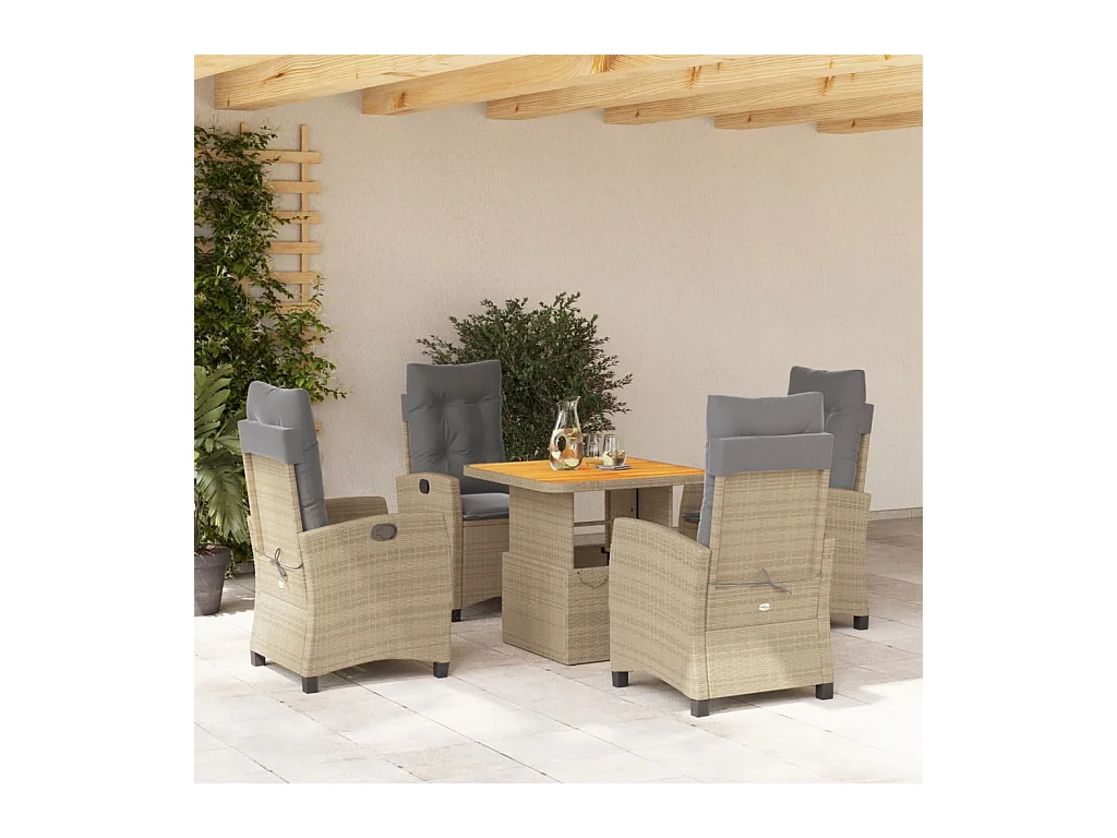 5 pcs conjunto de jantar p/ jardim com almofadões vime PE bege