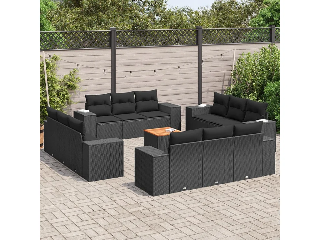Set Divani da Giardino 13pz con Cuscini Nero in Polyrattan