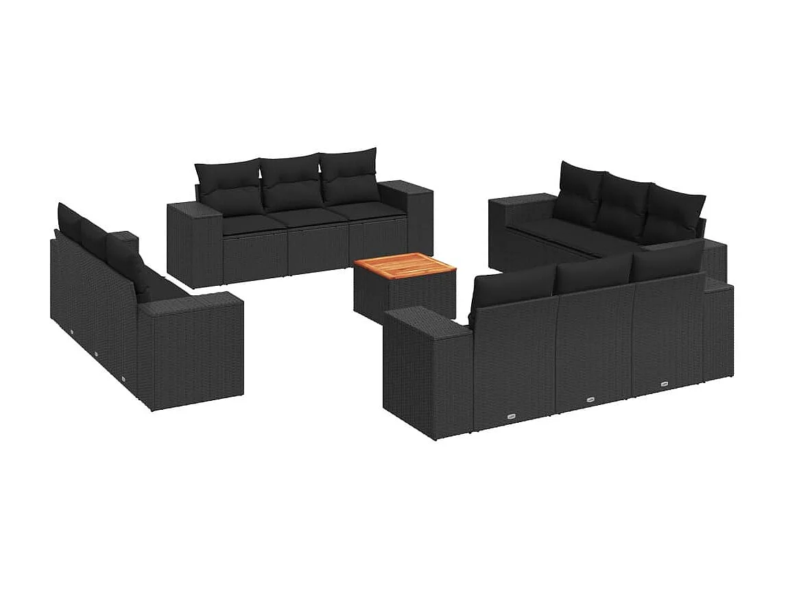 Set Divani da Giardino 13pz con Cuscini Nero in Polyrattan