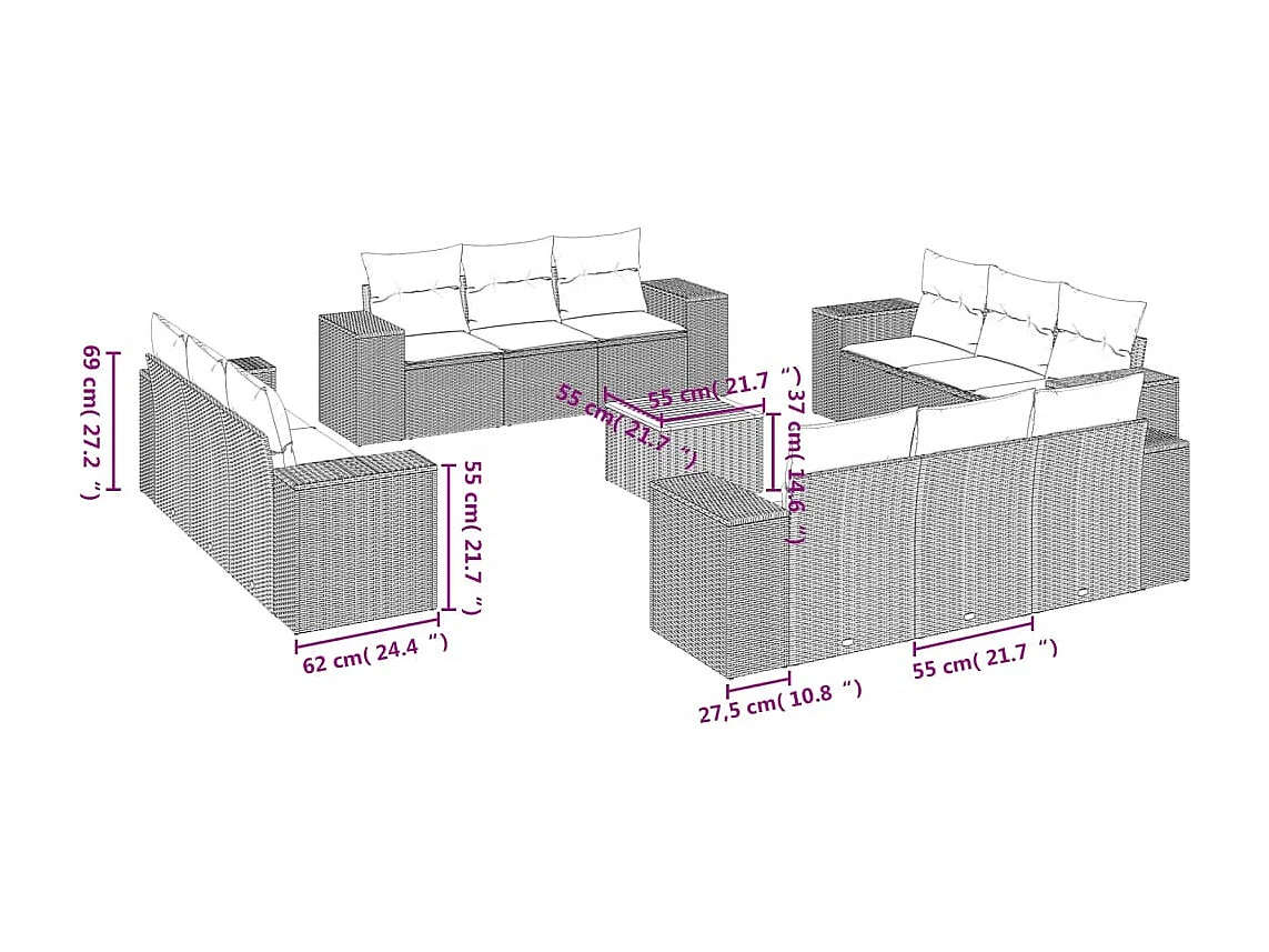 Set Divani da Giardino 13pz con Cuscini Nero in Polyrattan