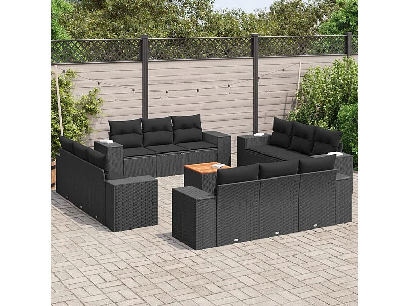 Salon de jardin avec coussins 13 pcs noir résine tressée