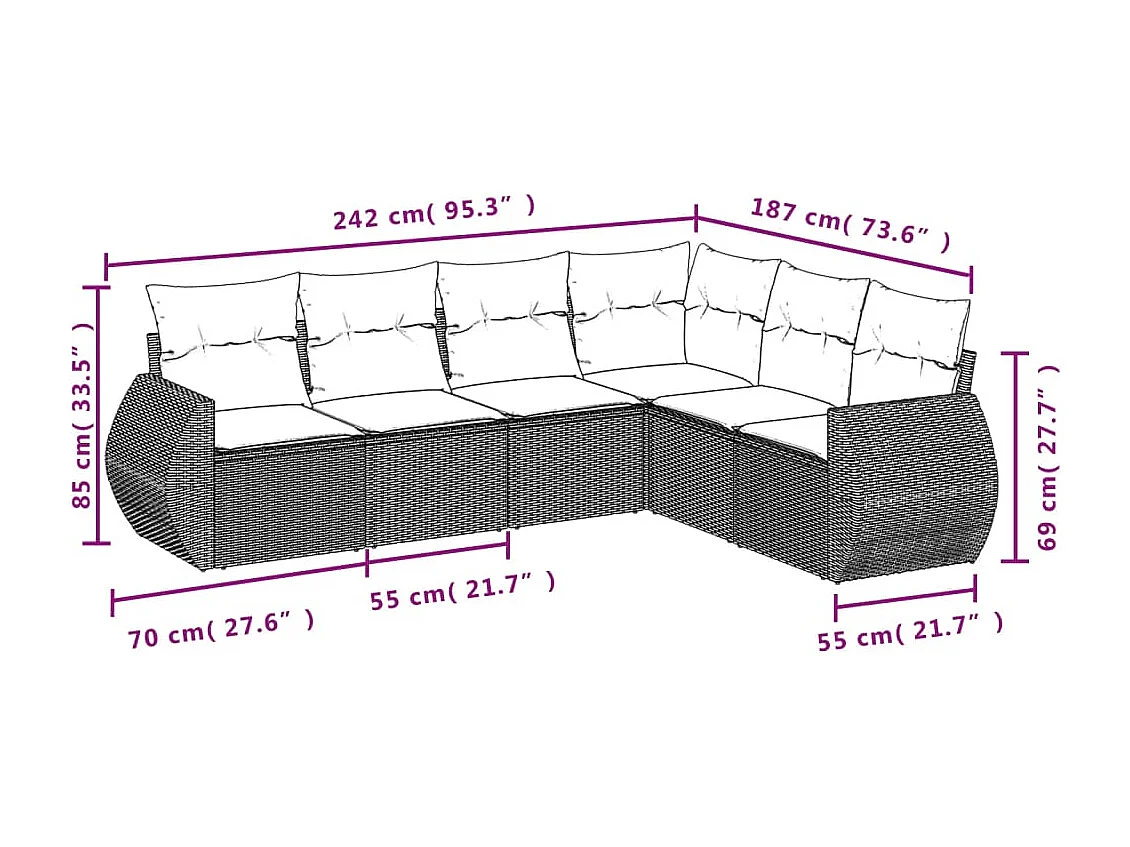 Salon de jardin 6 pcs avec coussins noir résine tressée