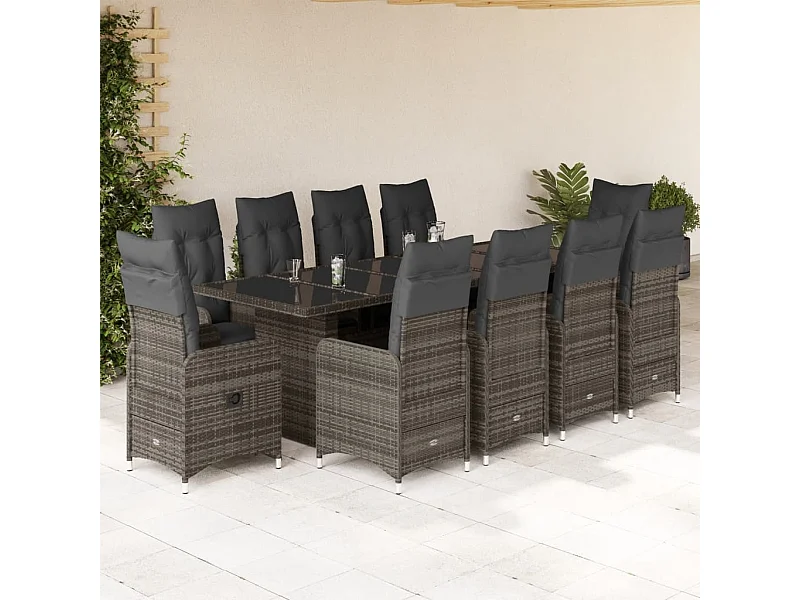 Set Bistrò da Giardino 11 pz con Cuscini in Polyrattan Grigio
