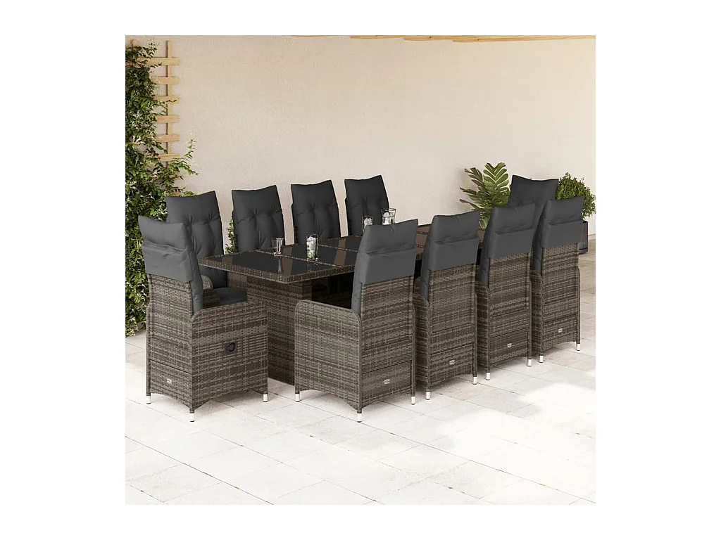 Set Bistrò da Giardino 11 pz con Cuscini in Polyrattan Grigio