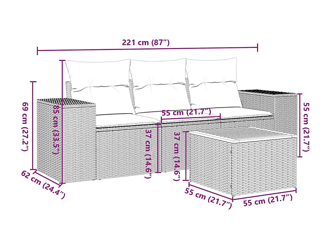 Salon de jardin avec coussins 4 pcs beige résine tressée