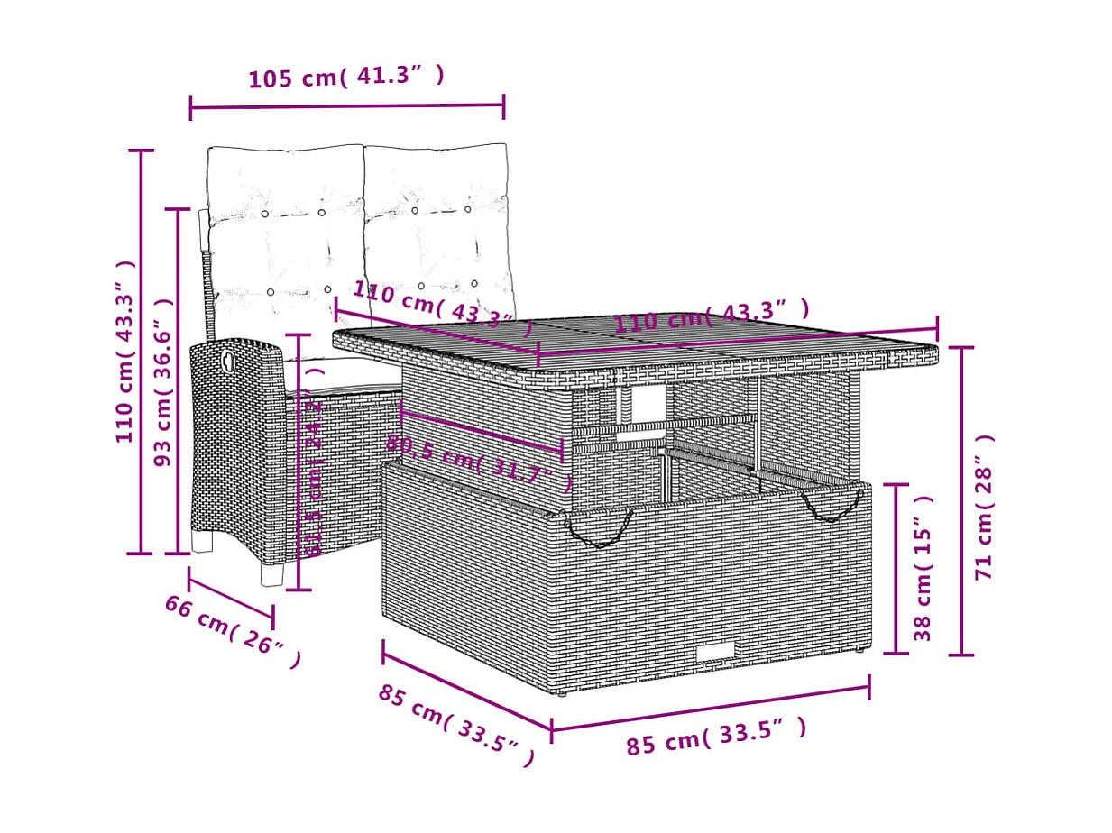 Set da Pranzo da Giardino 2 pz con Cuscini Beige in Polyrattan