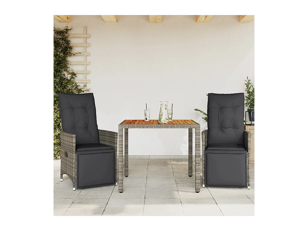 3 pcs conjunto bistrô de jardim c/ almofadões vime PE cinza