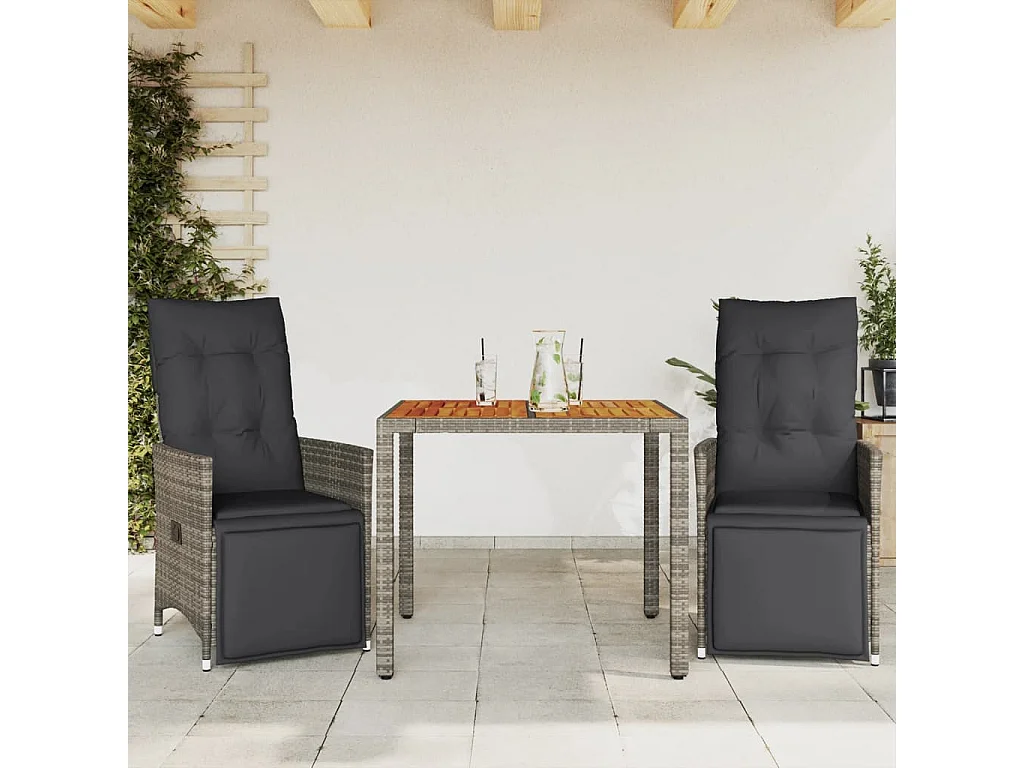 Ensemble de bistro de jardin 3 pcs coussins gris poly rotin