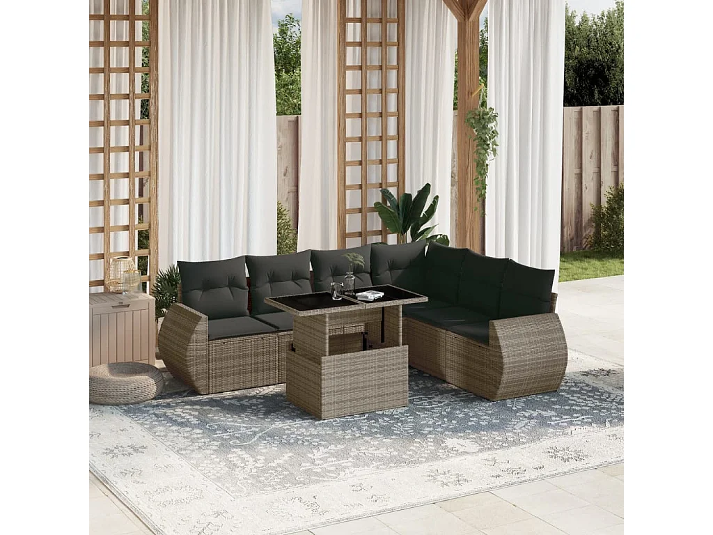 Set de sofás de jardín 7 pzas con cojines ratán sintético gris