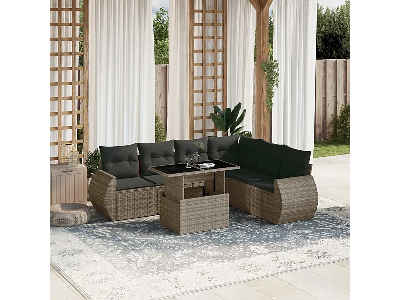 Set de sofás de jardín 7 pzas con cojines ratán sintético gris