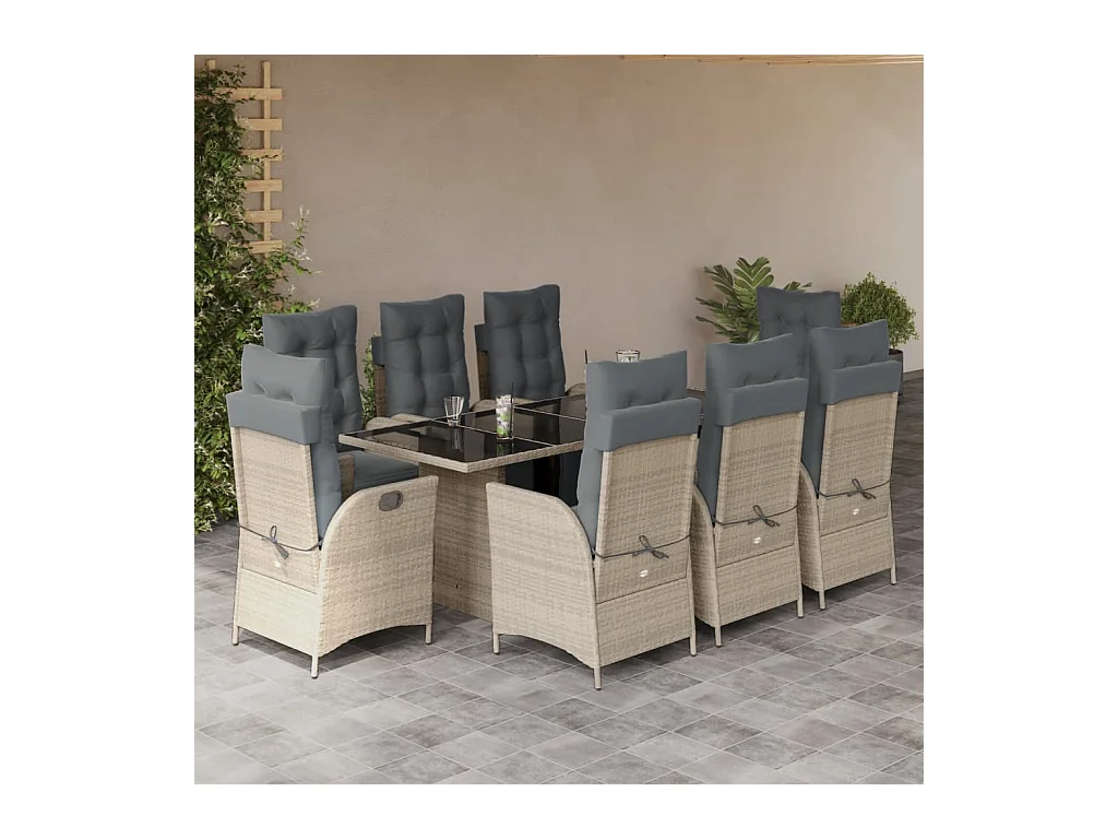 Ensemble à manger de jardin et coussins 9 pcs gris clair rotin