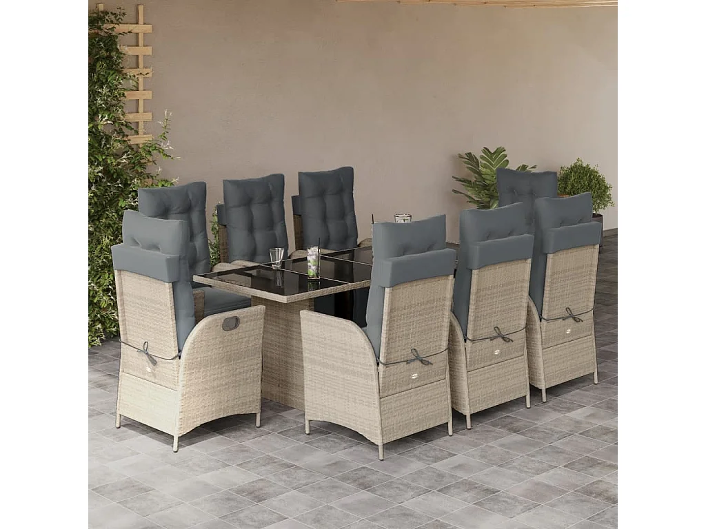 Ensemble à manger de jardin et coussins 9 pcs gris clair rotin