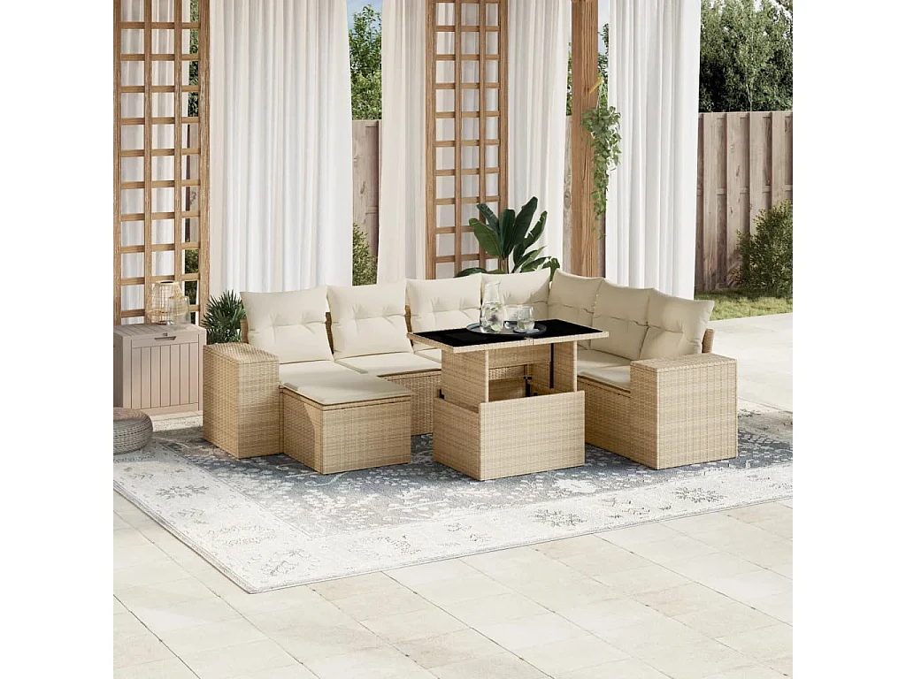 Salon de jardin avec coussins 8 pcs beige résine tressée