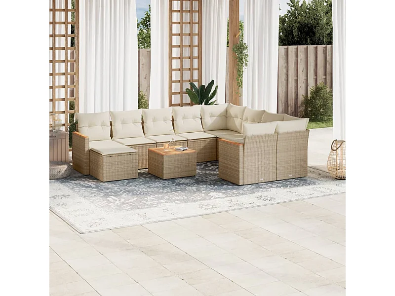 Salon de jardin 11 pcs avec coussins beige résine tressée