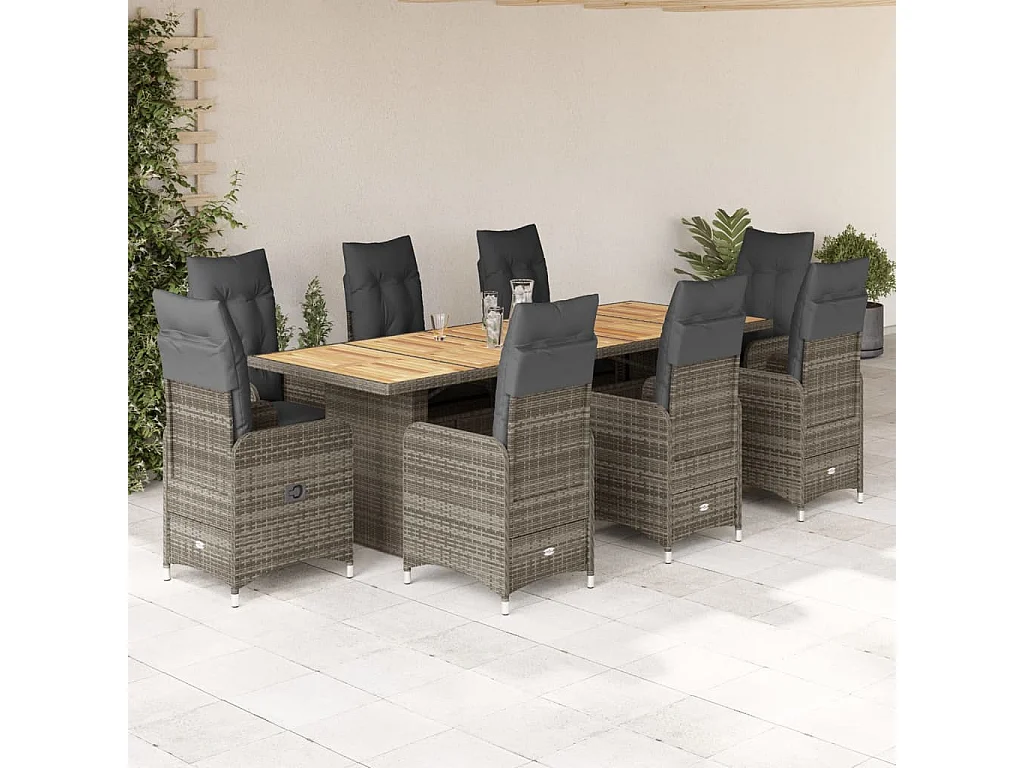 Ensemble de bistro de jardin 9 pcs coussins gris poly rotin