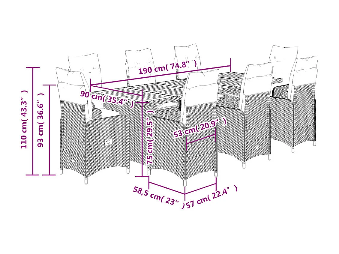 Ensemble de bistro de jardin 9 pcs coussins gris poly rotin