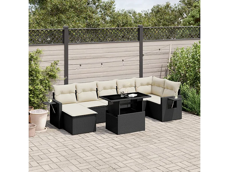 Salon de jardin 8 pcs avec coussins noir résine tressée