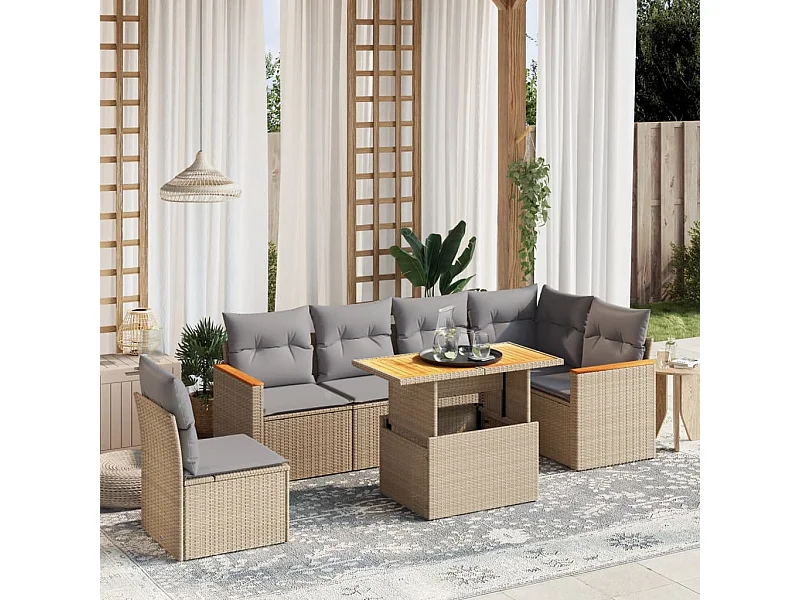 Set sofás de jardín 7 piezas y cojines ratán sintético beige