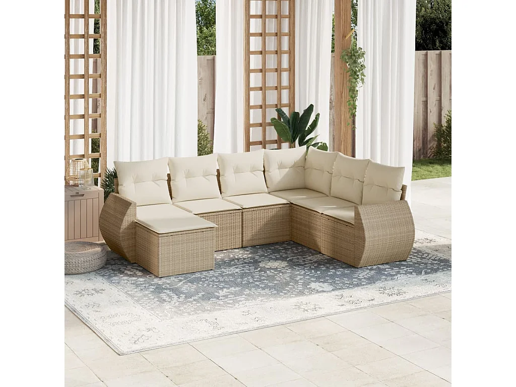 Salon de jardin avec coussins 7 pcs beige résine tressée