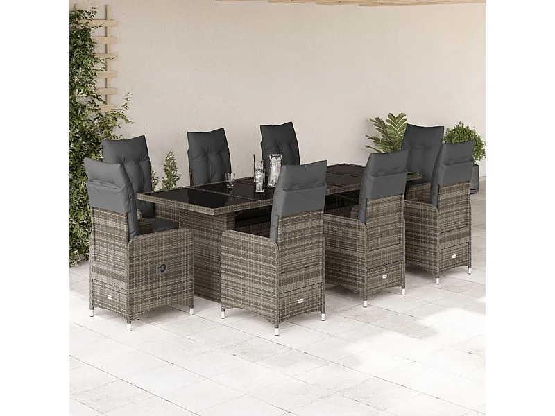 9 pcs conjunto bistrô de jardim c/ almofadões vime PE cinzento