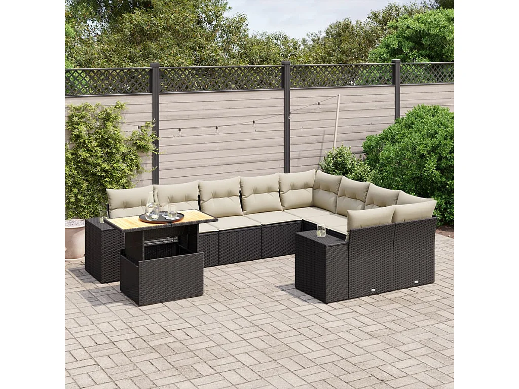Salon de jardin 10 pcs avec coussins noir résine tressée