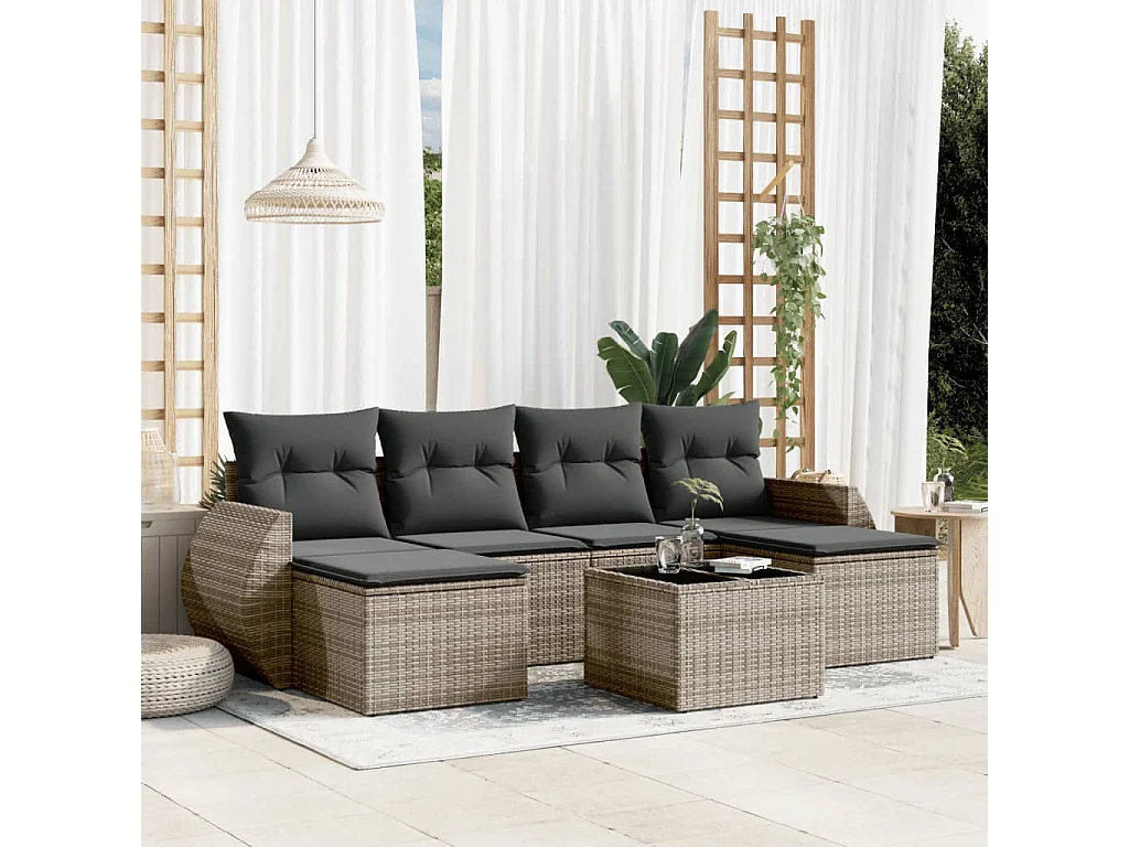 Salon de jardin avec coussins 7 pcs gris résine tressée