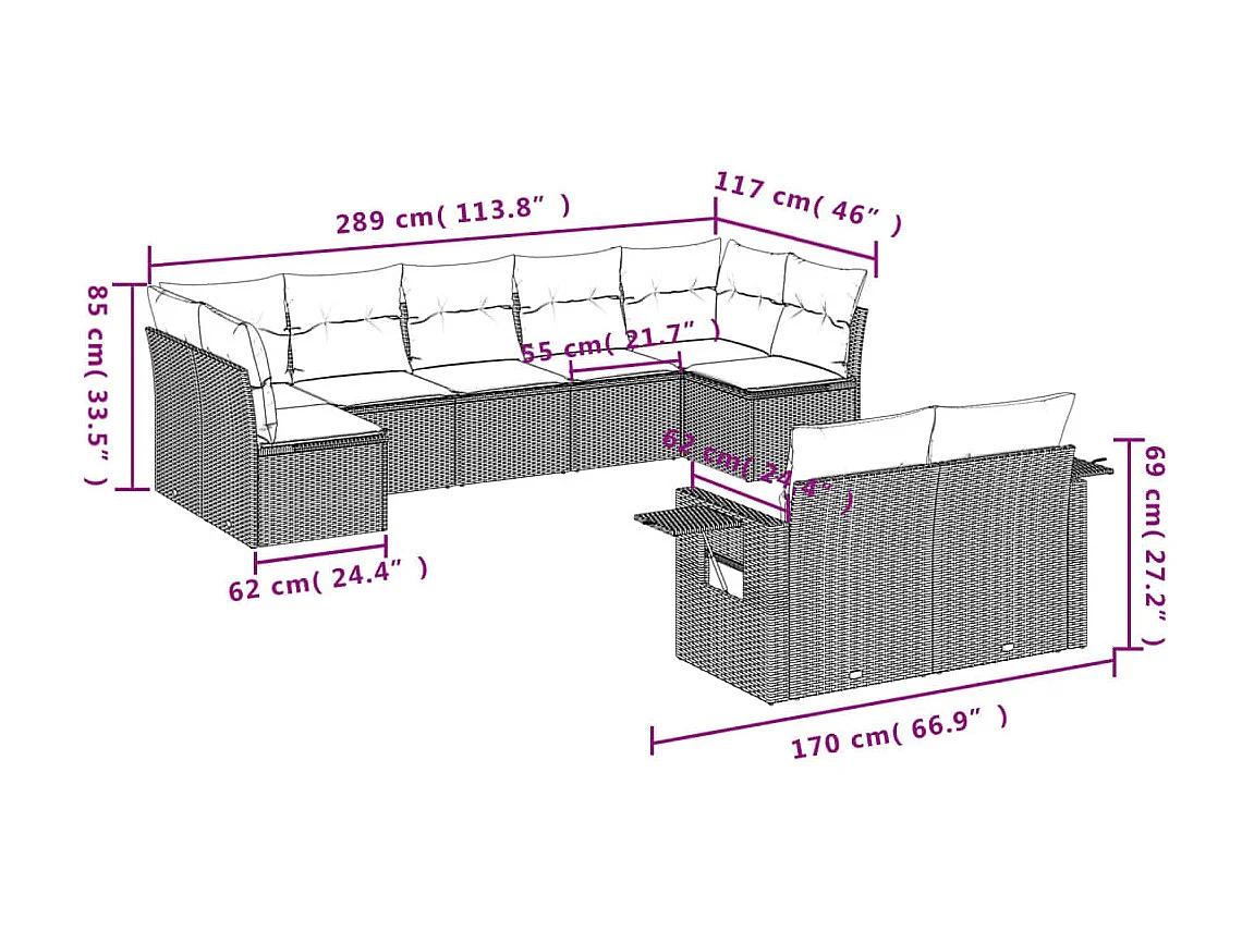 Set Divani da Giardino 9 pz con Cuscini Nero in Polyrattan