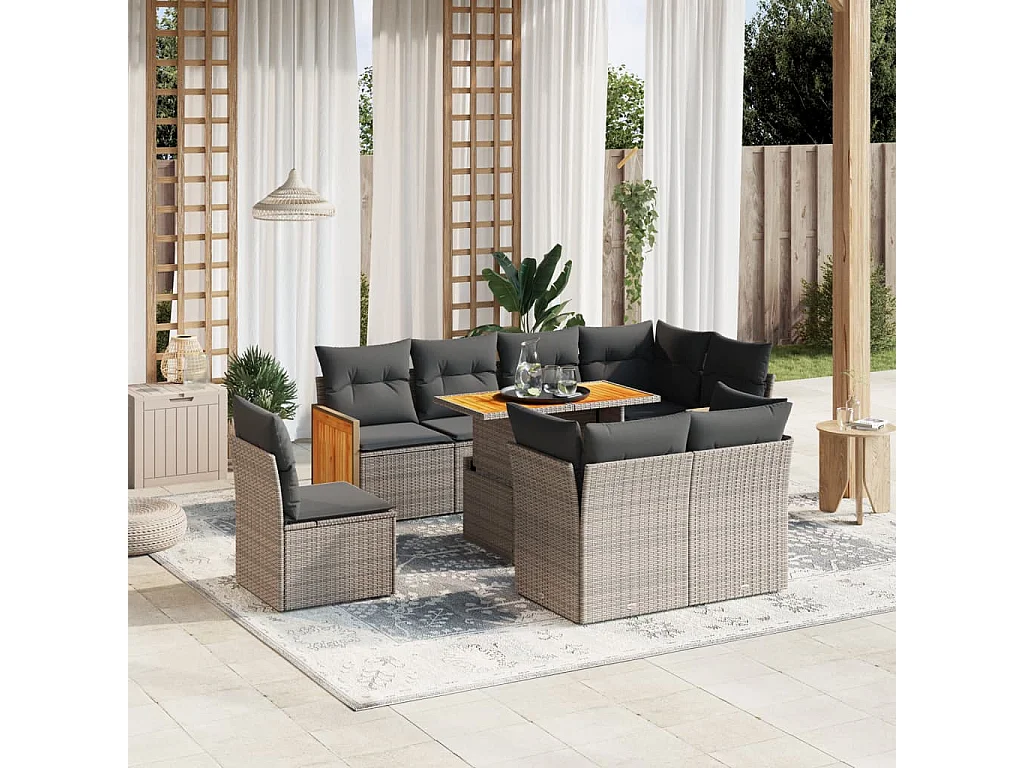 9-tlg. Garten-Sofagarnitur mit Kissen Grau Poly Rattan