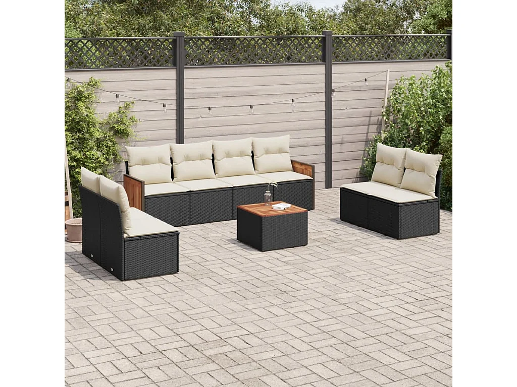 Set Divani da Giardino 9 pz con Cuscini Nero in Polyrattan