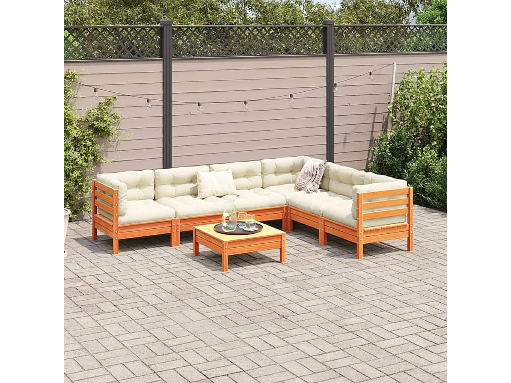 Salon de jardin 7 pcs avec coussins cire marron bois pin massif