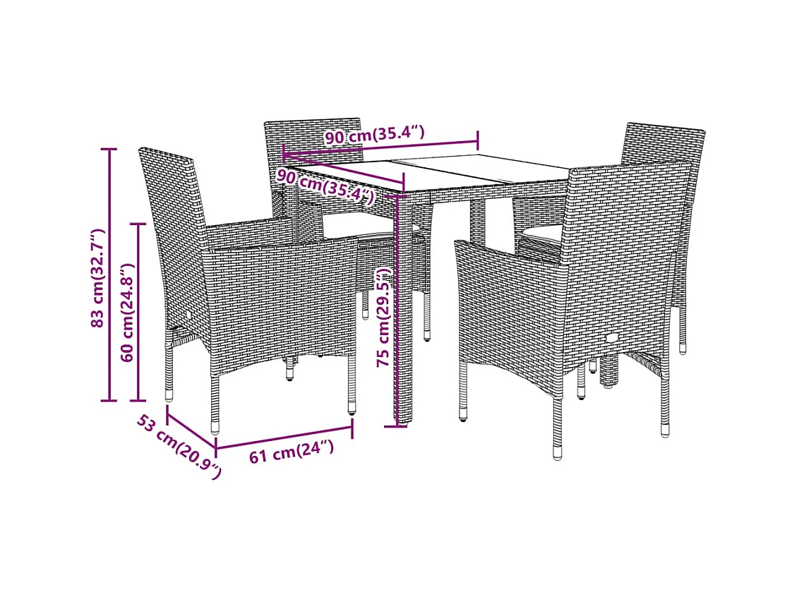 5-delige Loungeset met kussens poly rattan en acaciahout grijs