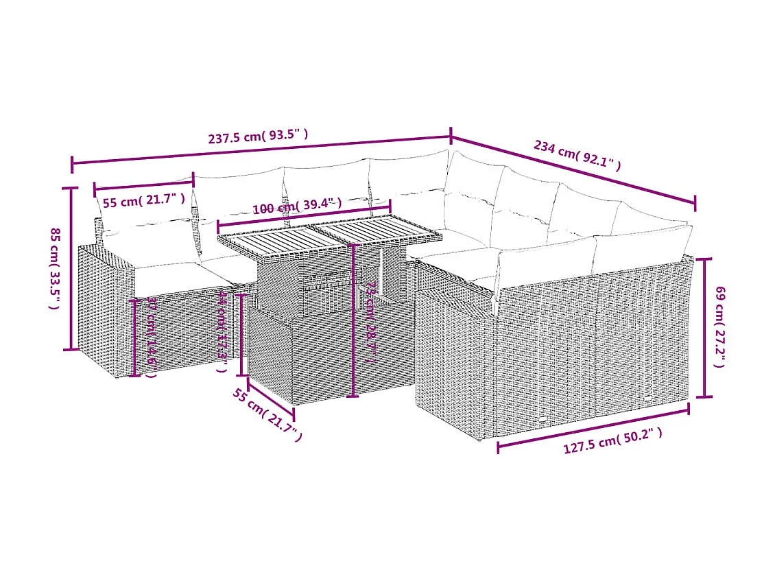 Set de sofás de jardín 8 piezas y cojines ratán sintético negro