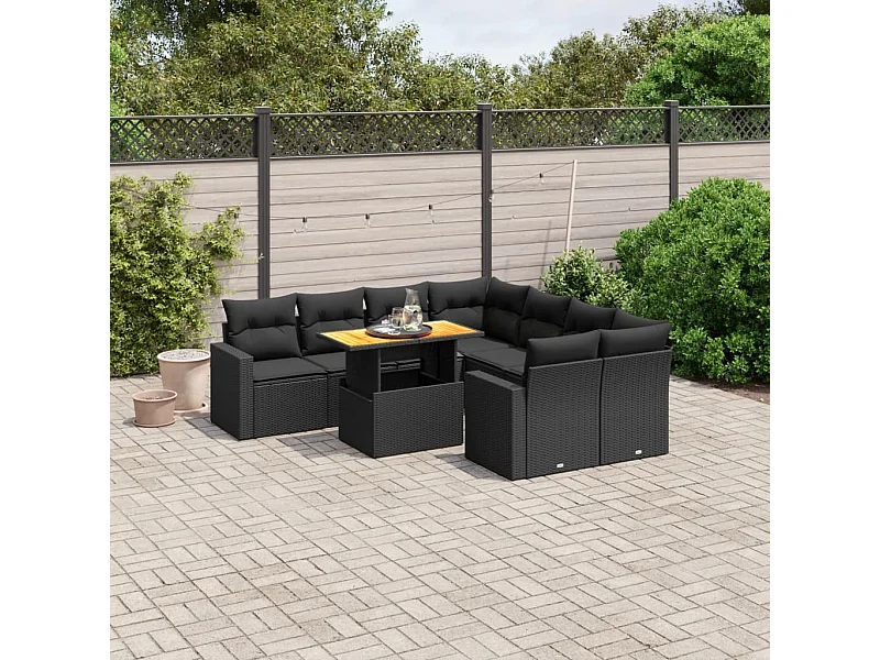 9-tlg. Garten-Sofagarnitur mit Kissen Schwarz Poly Rattan