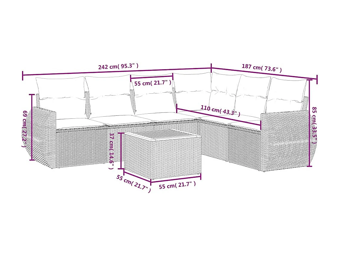 Salon de jardin avec coussins 7 pcs beige résine tressée