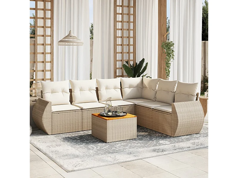 Salon de jardin avec coussins 7 pcs beige résine tressée