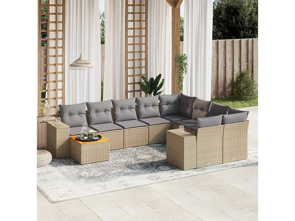 Salon de jardin avec coussins 10 pcs beige résine tressée