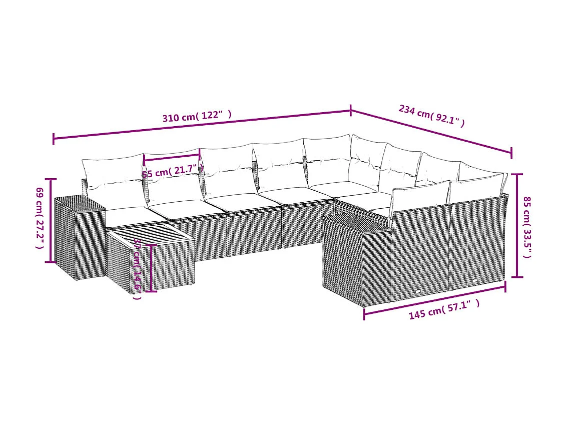 Salon de jardin avec coussins 10 pcs beige résine tressée