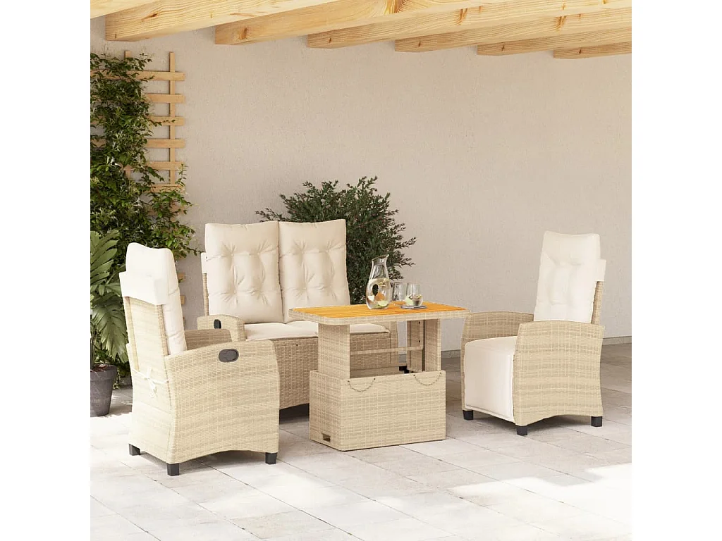 4 pcs conjunto de jantar p/ jardim c/ almofadões vime PE bege