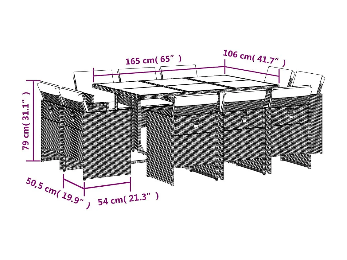 Set Pranzo Giardino 11pz con Cuscini Grigio Chiaro Polyrattan
