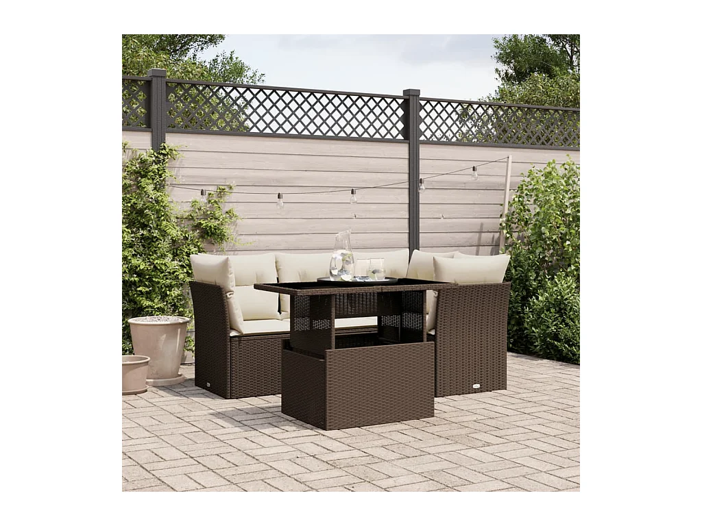 5-delige Loungeset met kussens poly rattan bruin