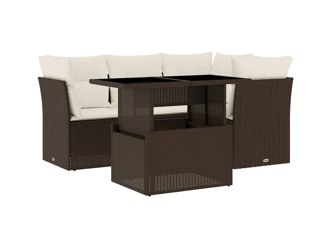 5-delige Loungeset met kussens poly rattan bruin