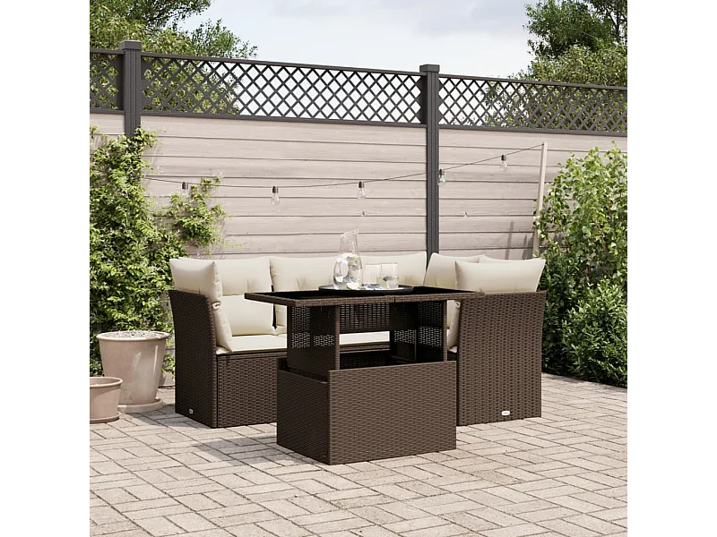 5-tlg. Garten-Sofagarnitur mit Kissen Braun Poly Rattan