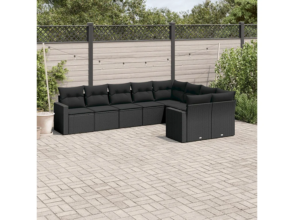 Set de sofás de jardín 8 piezas y cojines ratán sintético negro