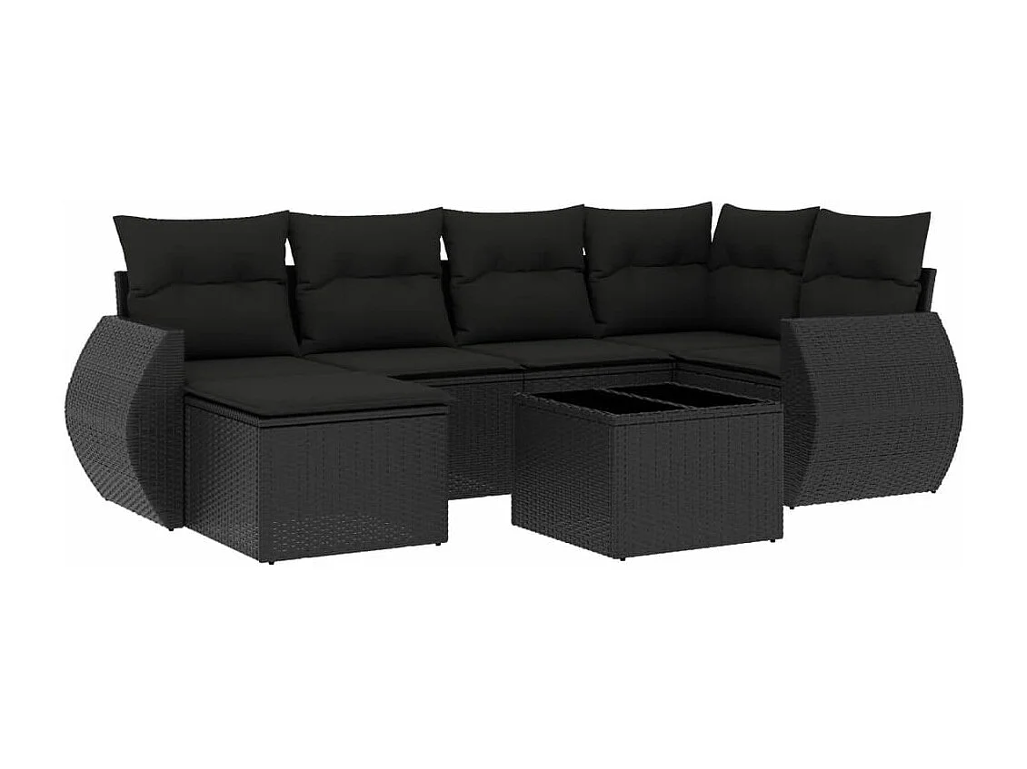 7-tlg. Garten-Sofagarnitur mit Kissen Schwarz Poly Rattan