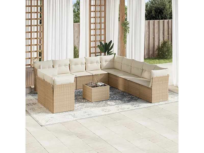 12-tlg. Garten-Sofagarnitur mit Kissen Beige Poly Rattan