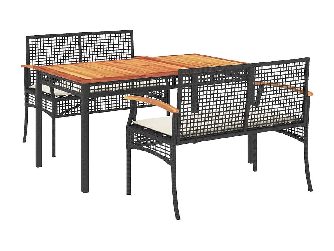 3 pcs conjunto de jantar p/ jardim c/ almofadões vime PE preto